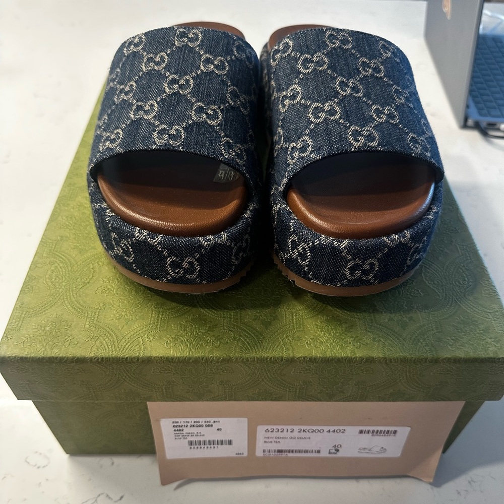 Gucci Navy Monogram Platform Sandals - Picture 2 of 12